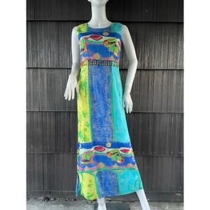 VTG 70s Bonnie Boynton Artsy Maxi Dress Boho Chic Maximalist Bead Fringe Retro